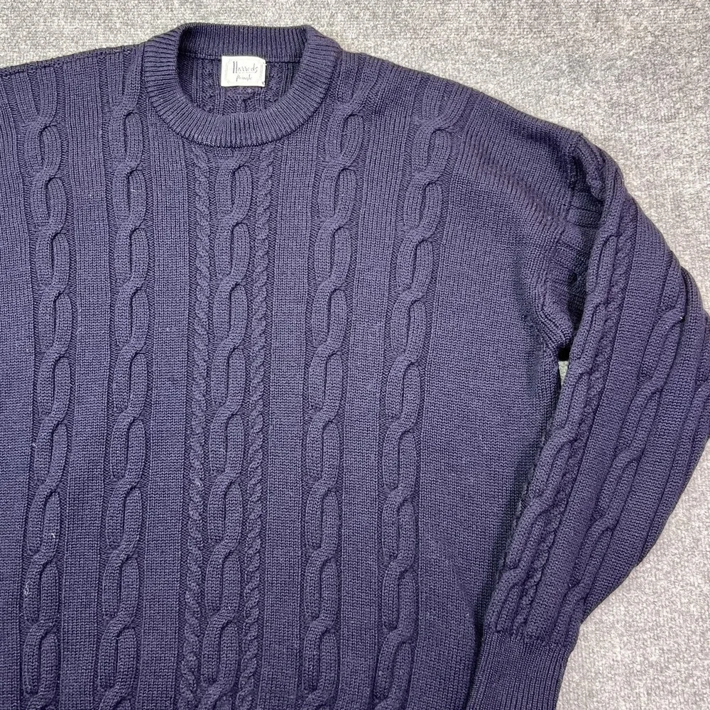 Harrods By Pringle Sweater Mens 2XL Blue 100% Lambswool Cable Knit Scotland